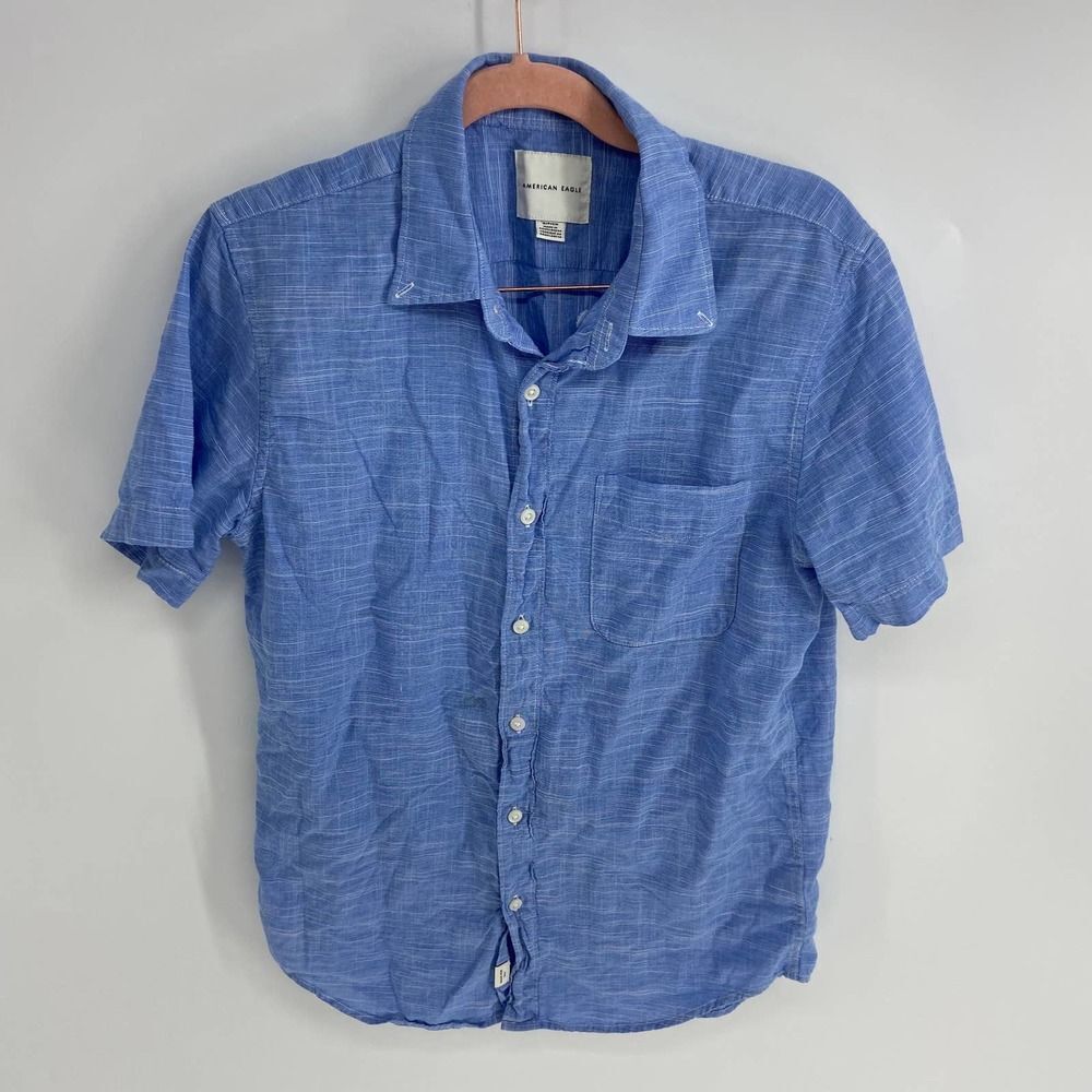 American Eagle Blue Short Sleeve Button Up Collared shirt Mens Small